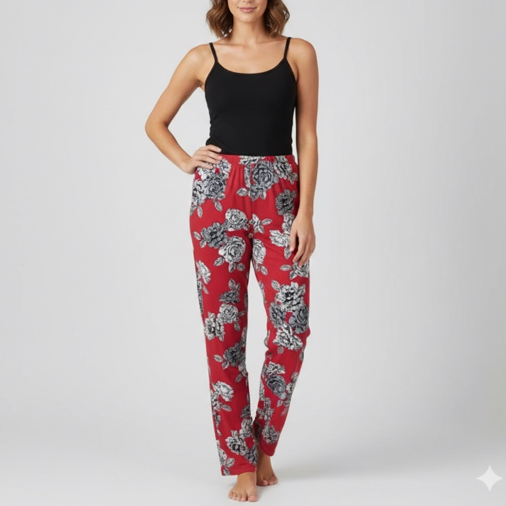 GEORGE Red Floral Wide Leg Pants Size XL Pull On Stretch Waist Lounge Casual